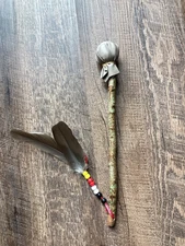 Native American 12 in. hand drum stick/beater w/4 direction beads & feathers