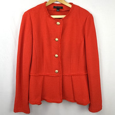 St. John Orange Knit Peplum Blazer w/ Fringe Trim  4 Gold Buttons Sz 12 - USA