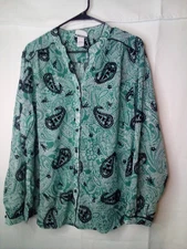 Bon Worth Blouse L Long Sleeve Button Up Simi Sheer Velvet Detail Green Black