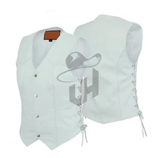 White Leather Vests Women Motorcycle Vest Side Laces Carry Waistcoat