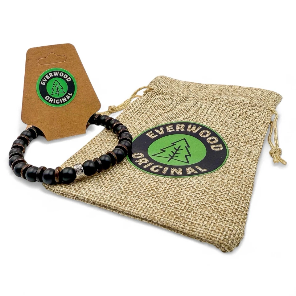 Pulsera de cuentas de piedras preciosas y madera para hombre - Madera Blacktop - Joyería elástica hecha a mano Foto 2 de 4