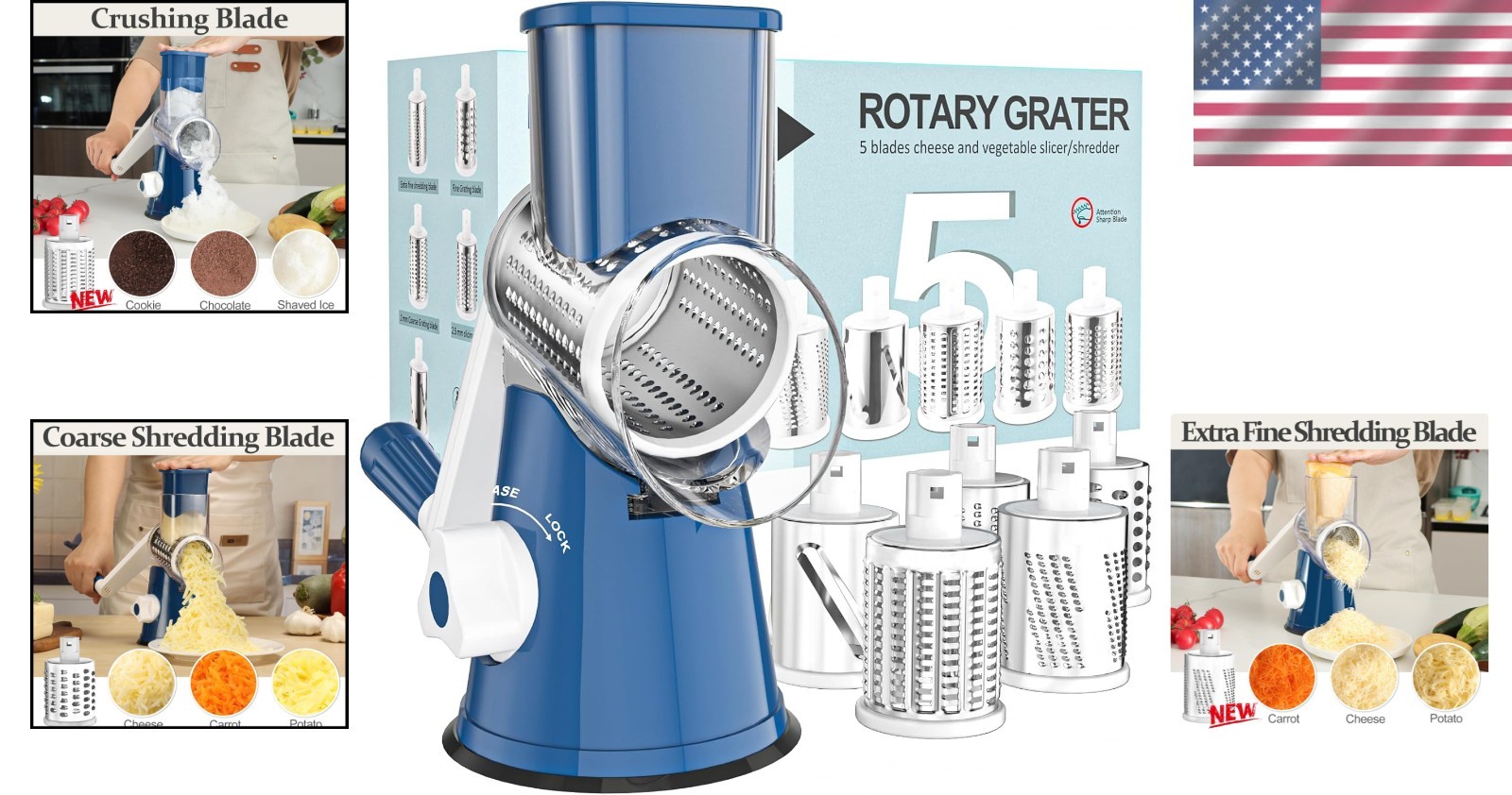 Compact Hand Crank Cheese Grater - 5 Blades