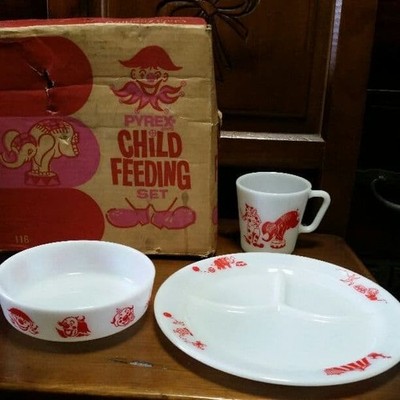 ALTES PYREX KINDERFÜTTERUNGSSET 3er Becher Teller Schale selten Geschirr Dead...