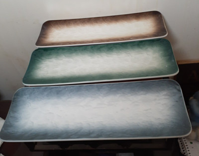 Aquiver Ceramic 11.5'' Hand Painted  Snack Trays  Set Of 3  Brown/Aqua/ Blue  New