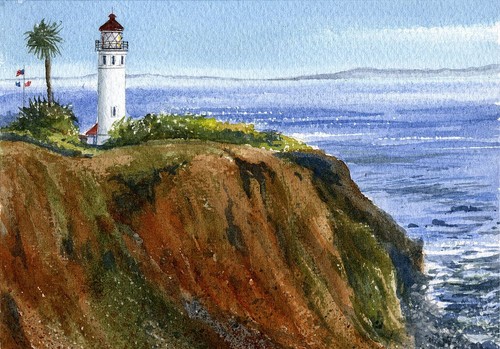 Faro Point Vicente, Palos Verdes, California Gerald Hill Acuarela Impresiones Artísticas - Imagen 2 de 2