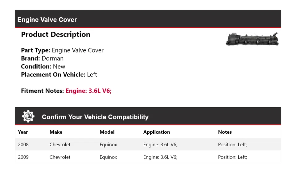 Cubierta de válvula de motor Dorman V6 3,6 L Chevrolet Equinox 2008-2009 izquierda Foto 2 de 4