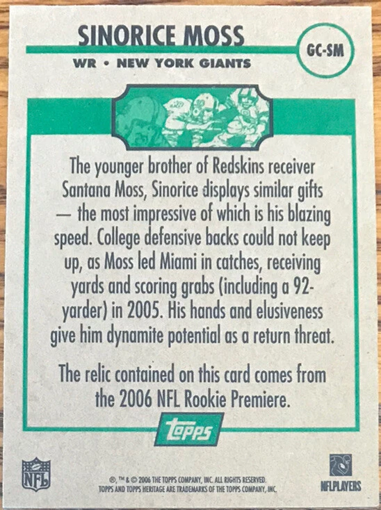 2006 Topps Heritage Gridiron Collection Jersey Sinorice Moss GC-CW - Image 2 of 2