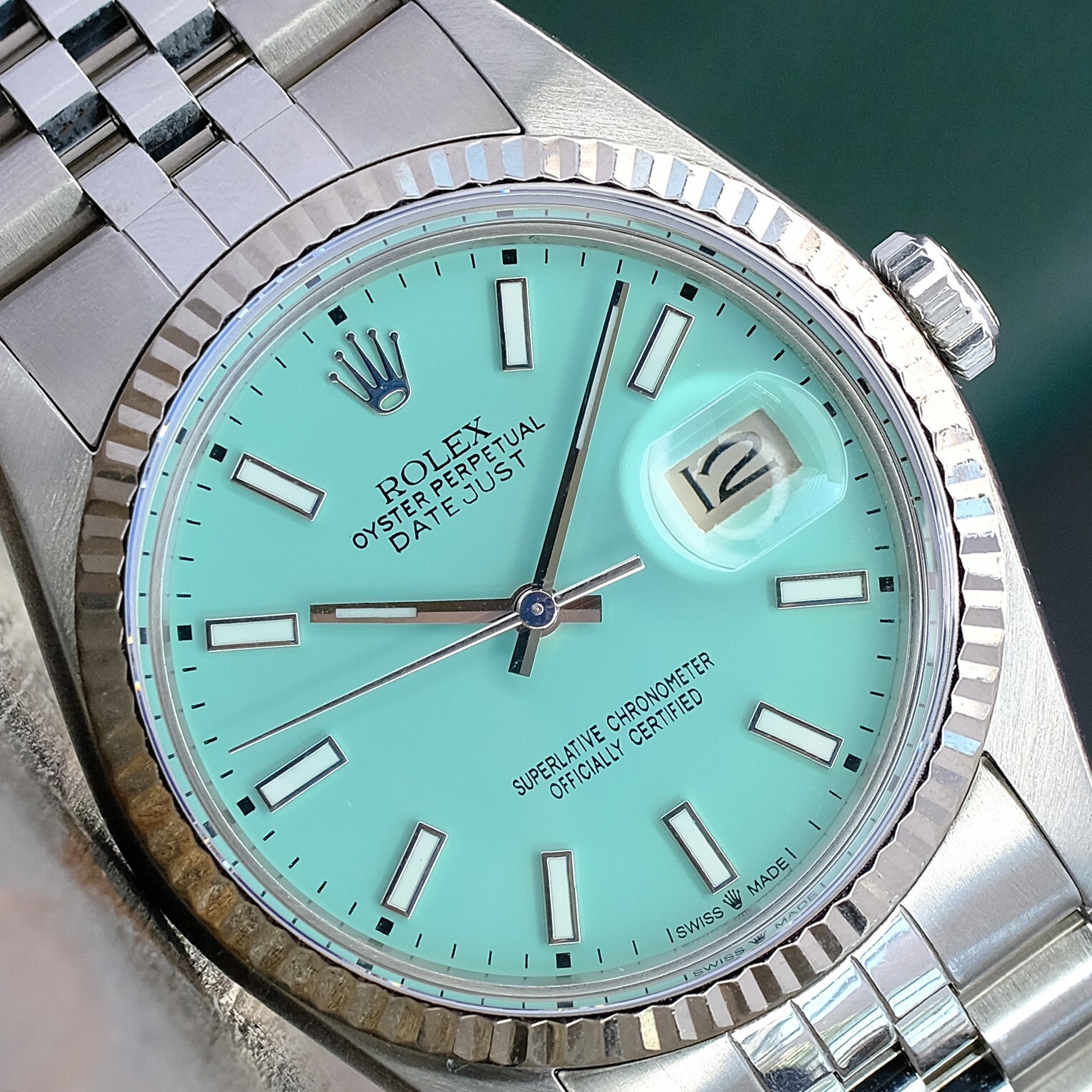 Rolex Men's Datejust 16234 36mm 18K White Gold Steel Blue Dial Fluted Bezel Watch-image