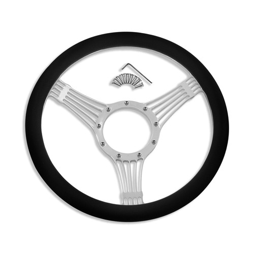 Chrome Banjo Style 14" Billet Steering Wheel w/ Half Wrap Leather & Horn Button - Picture 2 of 6