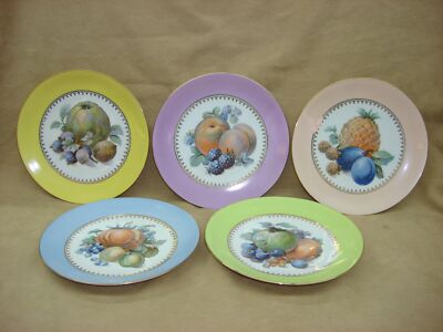 5 VINTAGE PULS CZECHSLOVAKIA PASTEL PORCELAIN LUNCHEON PLATES W/FRUITS!