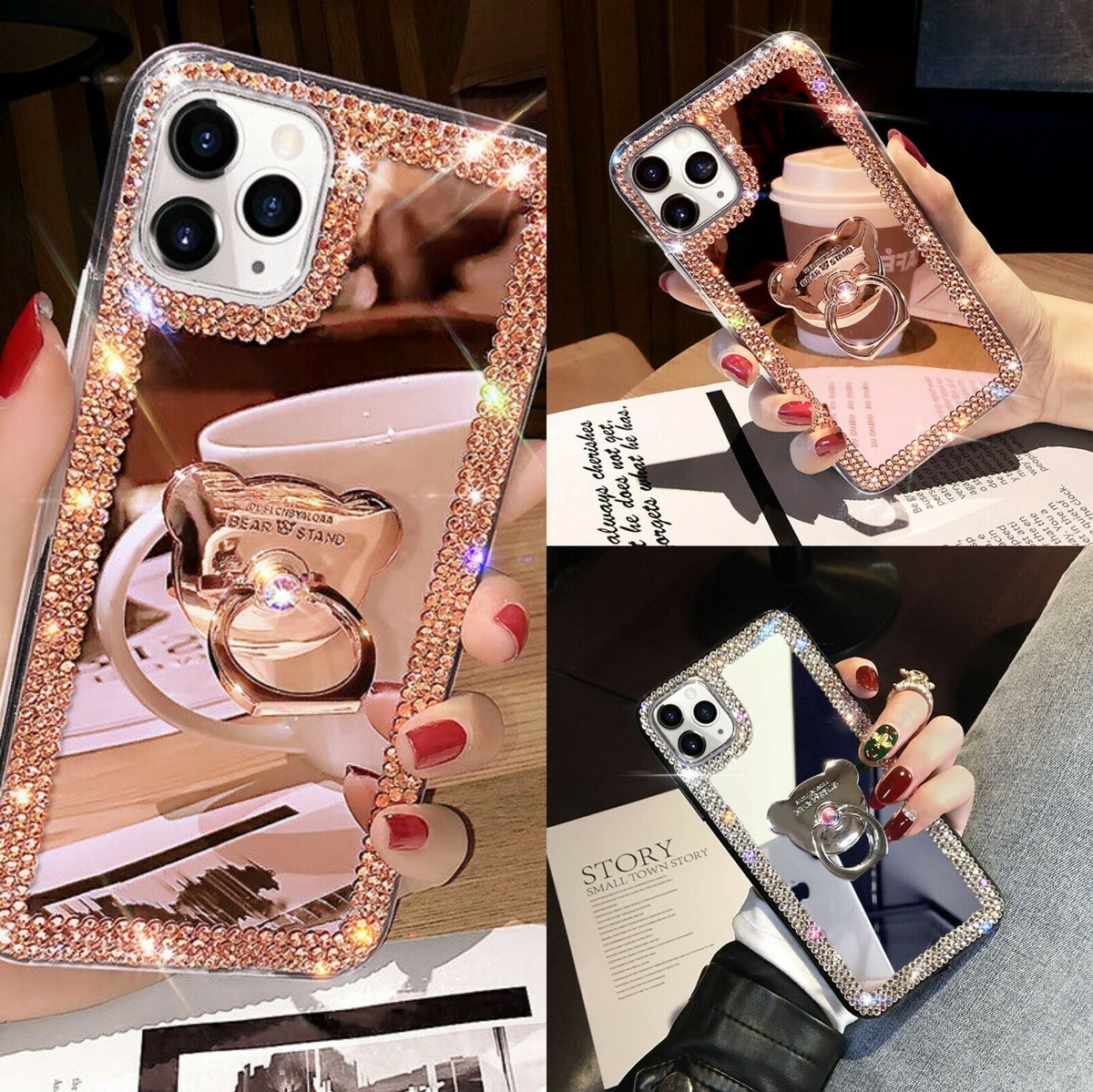 For iPhone 16 Pro Max 15 14 13 12 XS Bling Glitter Diamond Mirror