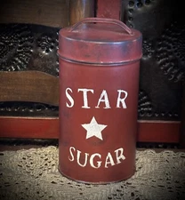 STAR SUGAR Heavy duty Metal Rustic Primitive Canister w Red Distressed Paint
