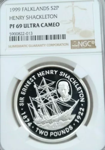 1999 FALKLAND ISLANDS SILVER 2 POUNDS HENRY SHACKLETON NGC PF 69 ULTRA CAMEO