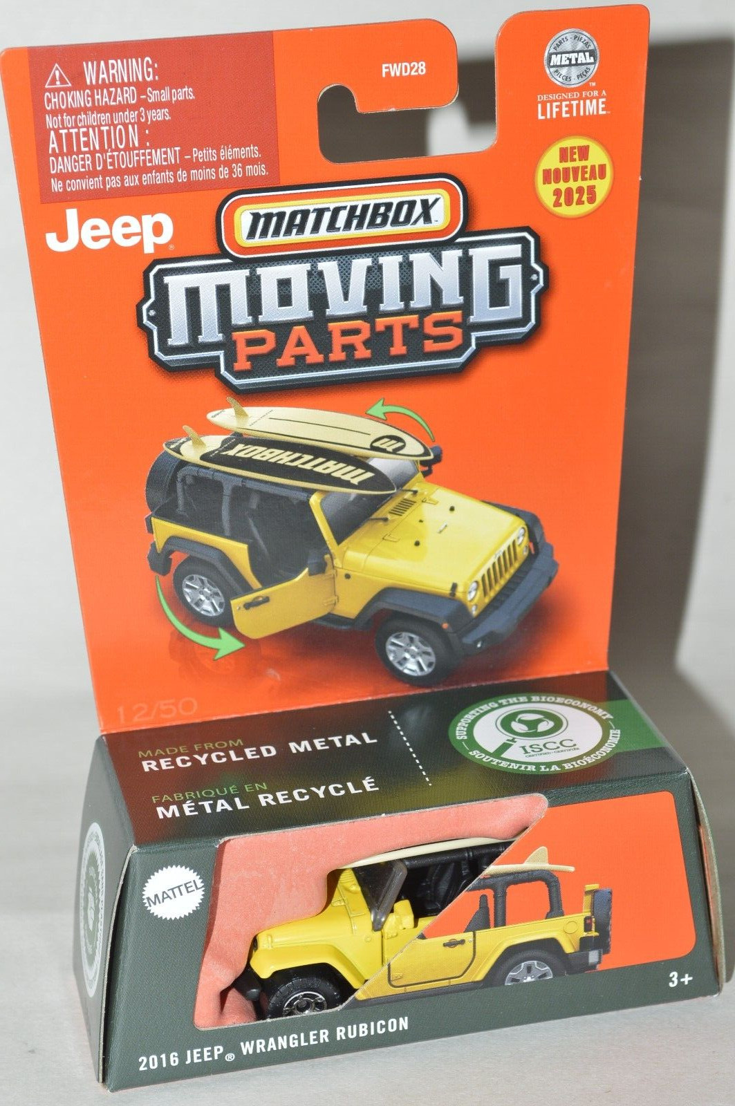 1:64 diecast Matchbox Moving Parts 2016 Jeep Wrangler Rubicon surfboards YELLOW