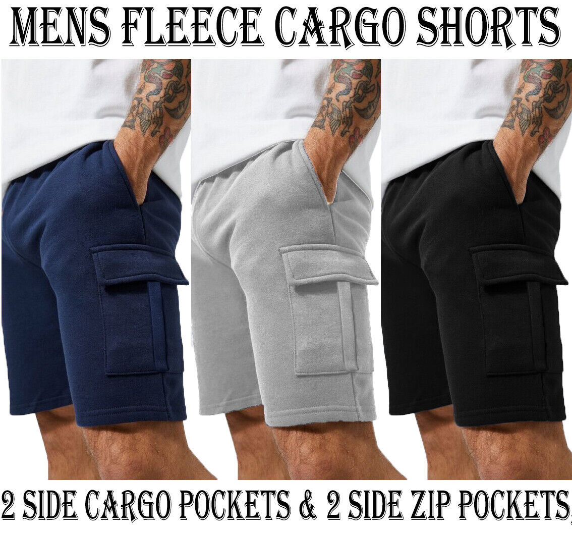 Mens Cargo Fleece Shorts Sweat Summer Jogger Plain Jersey Jogging Zip  Pocket New