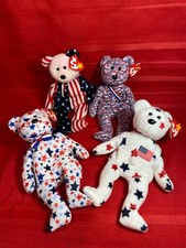 Lot of 4 TY Beanie Babies 4 Patriotic Bears Glory, Spangle, USA, Red White Blue