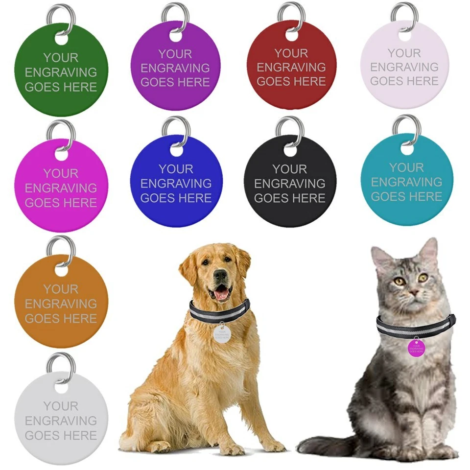 Engraved Pet Tags Round Personalised Dog Charm Cat Name ID Disc Animal Collar UK