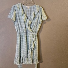 LC Lauren Conrad Womens Short Flutter Sleeve Green Plaid Faux Wrap Dress Medium