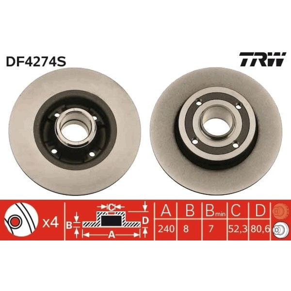 2X TRW DF4274S Bremsscheibe FüR Renault Megane Clio Modus Grand Modus Wind SB-image