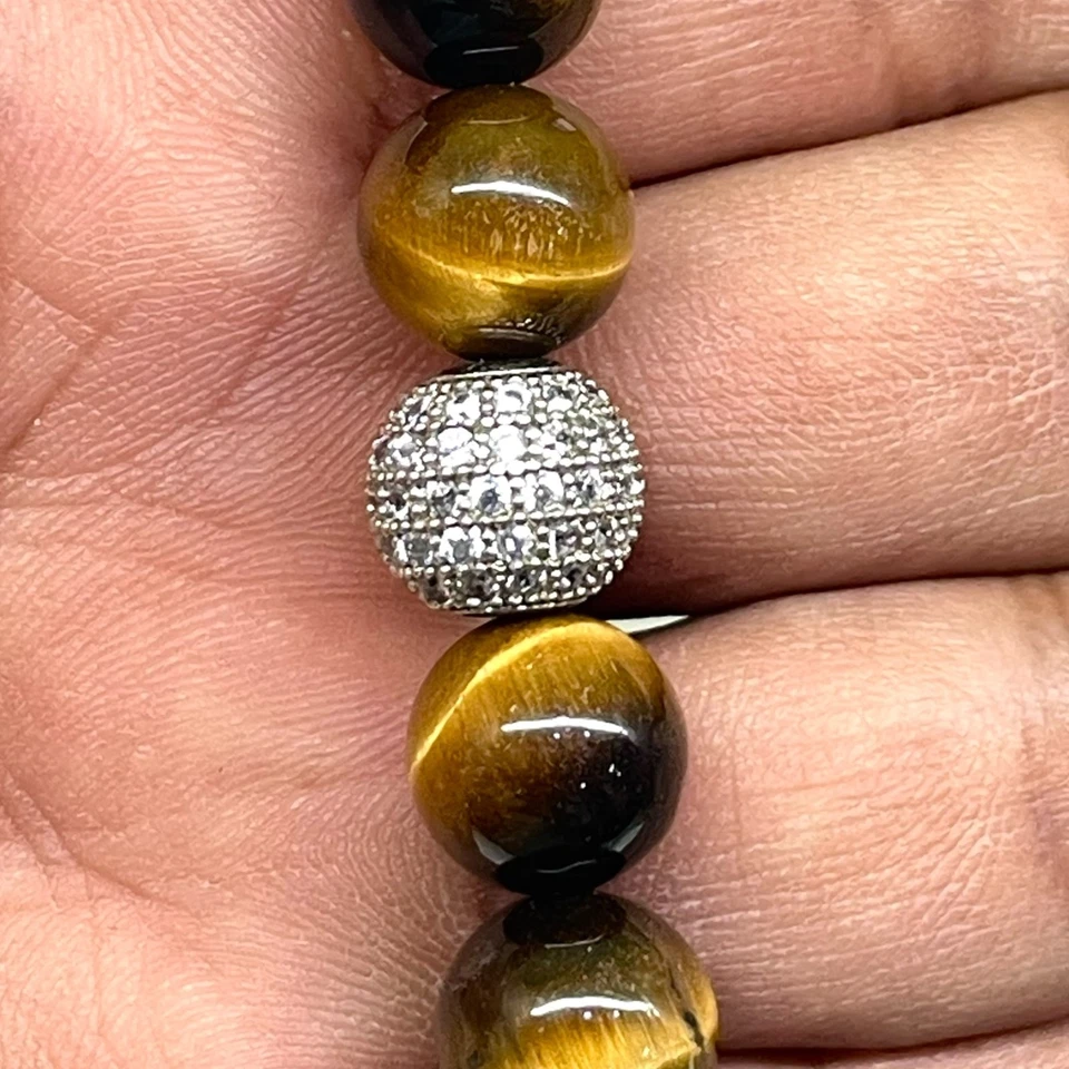 Handgemachte Stretcharmband 10Mm Natürliche Tigerauge Perlen & Cz Disco Ball - Bild 3 von 4