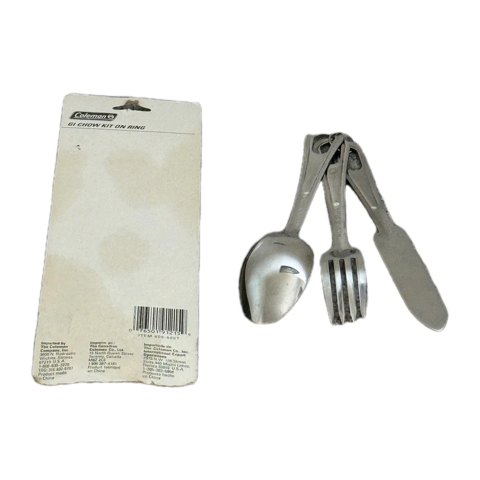 Juego de utensilios vintage Coleman GI Chow Kit 805-505T horquilla de camping cuchillo cuchara nuevo de stock Foto 3 de 4