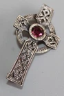 WHITE METAL CELTIC CROSS & GARNET COLOUR STONE BROOCH