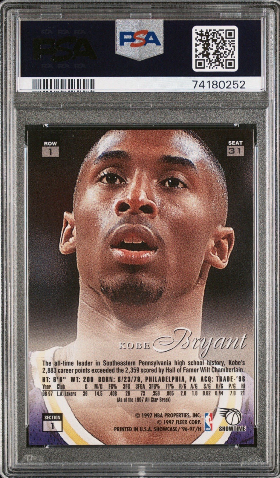 1996-97 Fleer Flair Showcase Kobe Bryant #31 Row 1 Parallel RC PSA Graded view 2