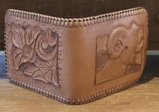 Hand made hand tooled Ram Flower Leather Western bi-fold wallet