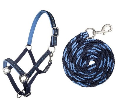 HKM Halfter Set STARS blau Größe WB Full - Halfer & Führstrick mit Karabiner
