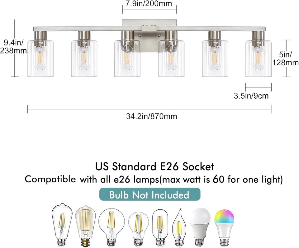 6-Light Bathroom Vanity Light Brushed Nickel Vanity Lights for Bathroom Bathr... - Image 4 of 4