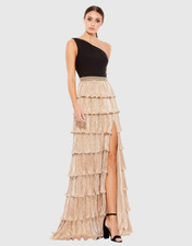 Ieena for Mac Duggal Black and Gold One-Shoulder Ruffle Tiered A-Line Gown Sz 6