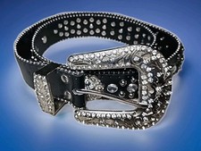 50128 Bling Western Belt Women 33" Black Cowgirl Rodeo Studded Rhinestone