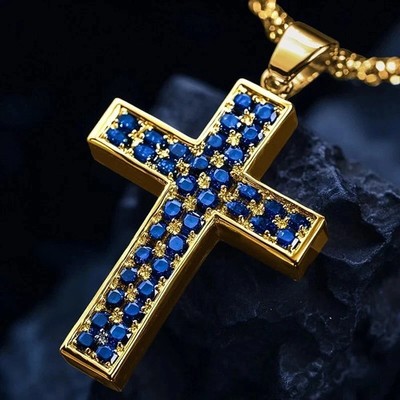 6CT Round Lab Created Sapphire Men's Cross Chain Pendant 14K Yellow Gold Plated