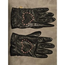 Vintage Moschino Cashmere Lined Leather Gloves With Pink Heart Stitching