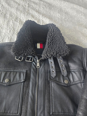 Tommy Hilfiger Men's Black Leather Bomber Jacket Shearling Collar Full Zip L