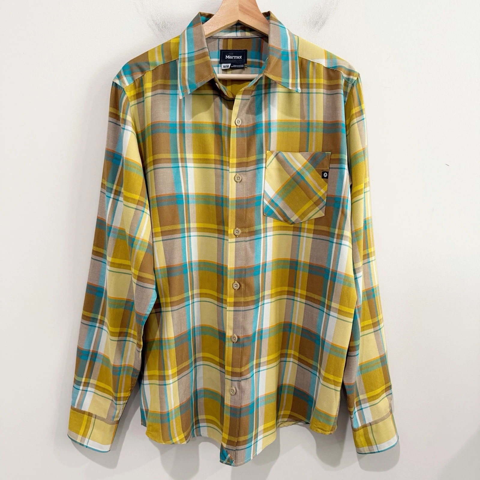 MARMOT Men's Yellow Plaid Button-Down Shirt Teal Accents Size Medium Outdoor