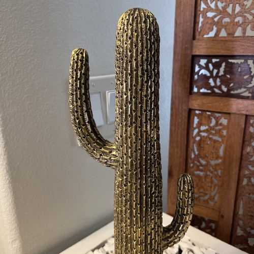 Cactus Sculpture Gold Tone Metal 16 inch Tall Figure Textured Burnished Figurine - Afbeelding 2 van 6