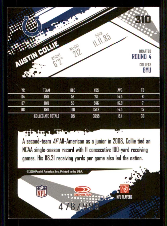 2009 Score Inscriptions #310 Austin Collie RC /999 - Image 2 of 2