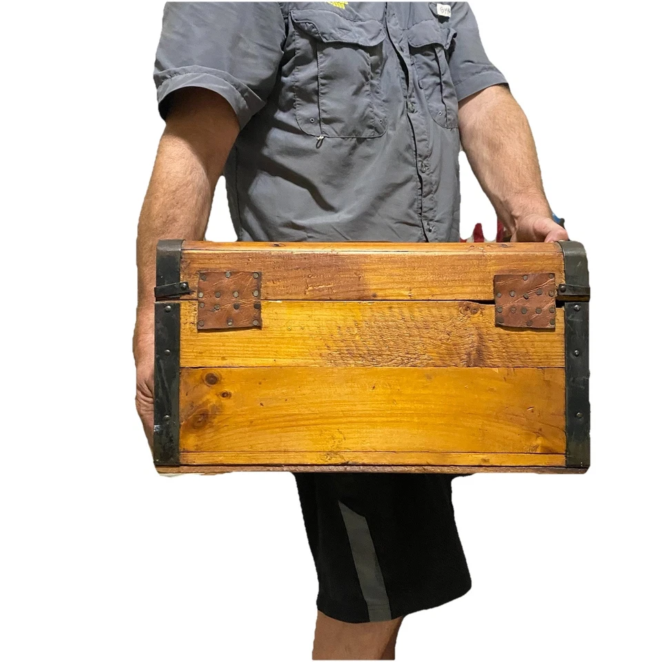 Handmade antique Wood Chest w/ Leather Hinges Lock Key Rustic Treasure Chest 18” - Image 4 of 4