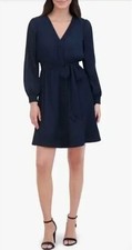 Eliza J Long Sleeve Tie Belt A-line Dress in Navy - Size 18