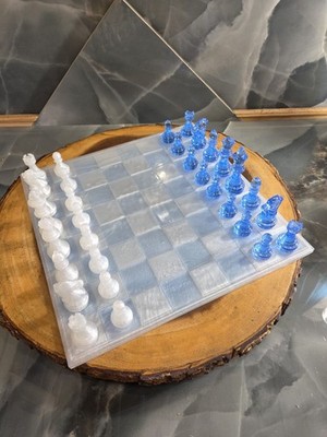 Chess Set 11'' X 11''  Pearl White And Sky Blue Board And Pieces