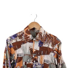 VTG 60s Retro Abstract Disco Button Up Shirt Mens S Long Sleeve All Over Print