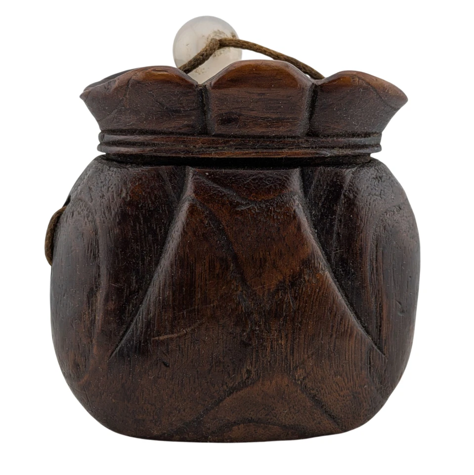 Antique Japanese Sagemono Set Lucky Bag Wooden Tonkotsu Stone Ojime Wood Netsuke - Image 3 of 4