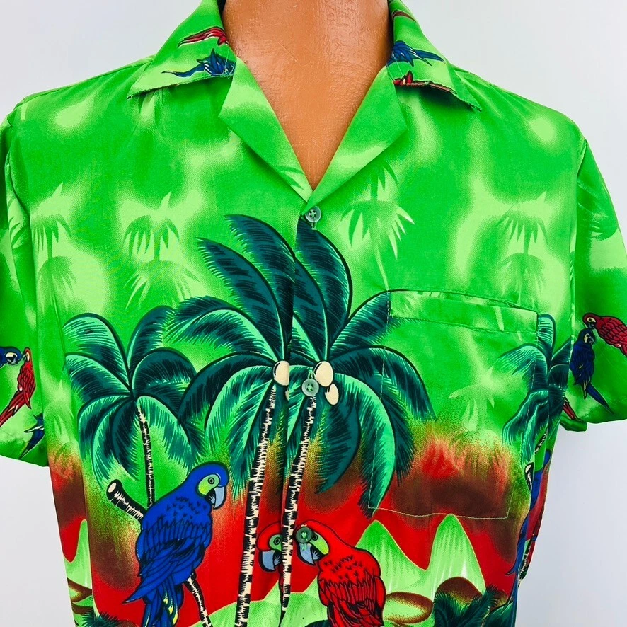 VHO Hawaiian Aloha L Shirt Macaw Parrots Coconut Palm Trees Surfboard Beach
