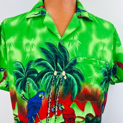 VHO Hawaiian Aloha L Shirt Macaw Parrots Coconut Palm Trees Surfboard Beach