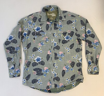 Wrangler Western Floral Shirt Womens L Green  Seer Sucker Pearl Snap Cowgirl