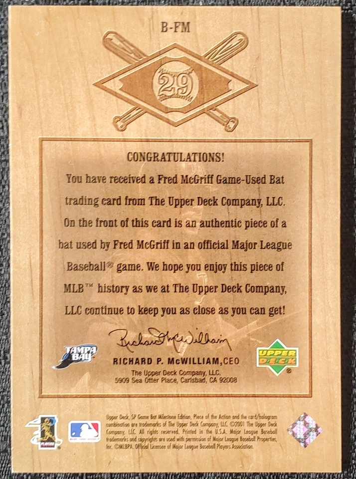 2001 Fred McGriff Game Bat Devil Rays MLB Upper Deck Milestone Card #B-FM - Image 2 of 2