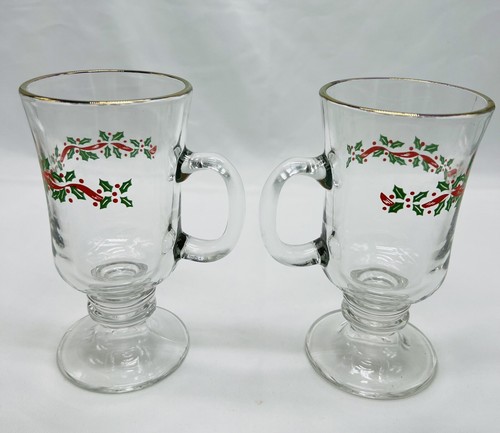 Christmas Libbey Holly Berries & Ribbon Irish Coffee Mug Glasses Lot 2 Vintage - Picture 3 of 7