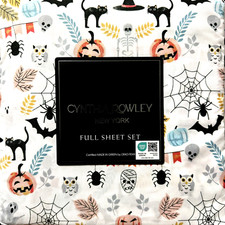 Cynthia Rowley Halloween FULL Sheet Set Black Cat Witch Hat Spiderweb Owl Skull