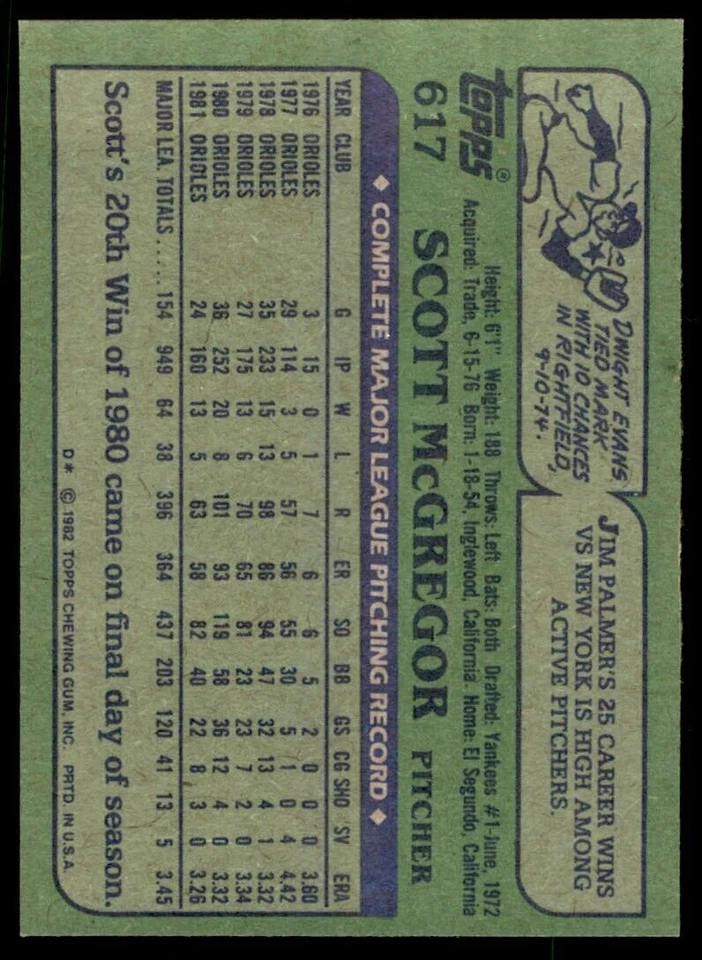 1982 TOPPS SCOTT MCGREGOR . BALTIMORE ORIOLES #617 - Image 2 of 2